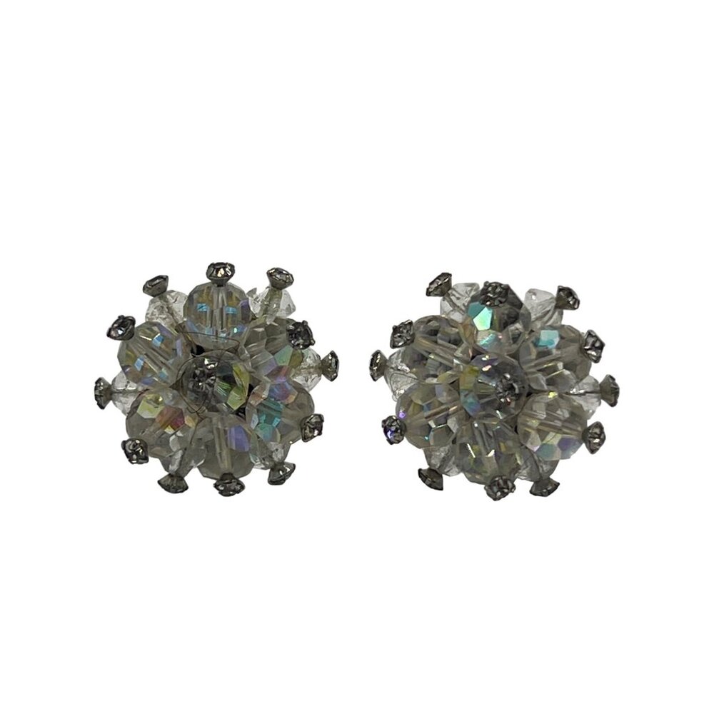 Vintage Crystal Aurora Borealis Bead Clip On Earrings Rhinestones 50s Floral 1"